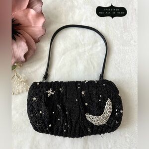 Staud Beaded black Bean Clutch Bag Rhinestone Constellation Moon & Stars